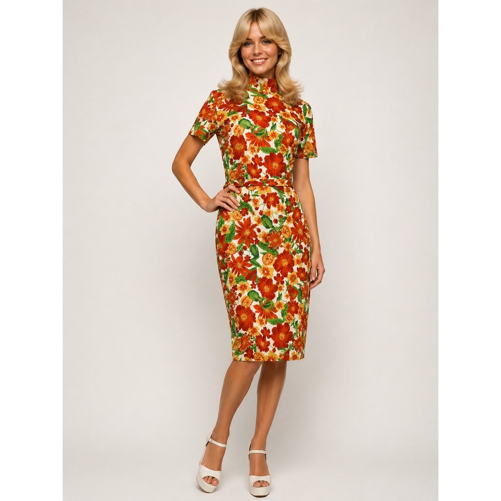Zara‎ Floral Tapestry Midi Dress Orange Red Boho 1970s Style Mock Neck Size S